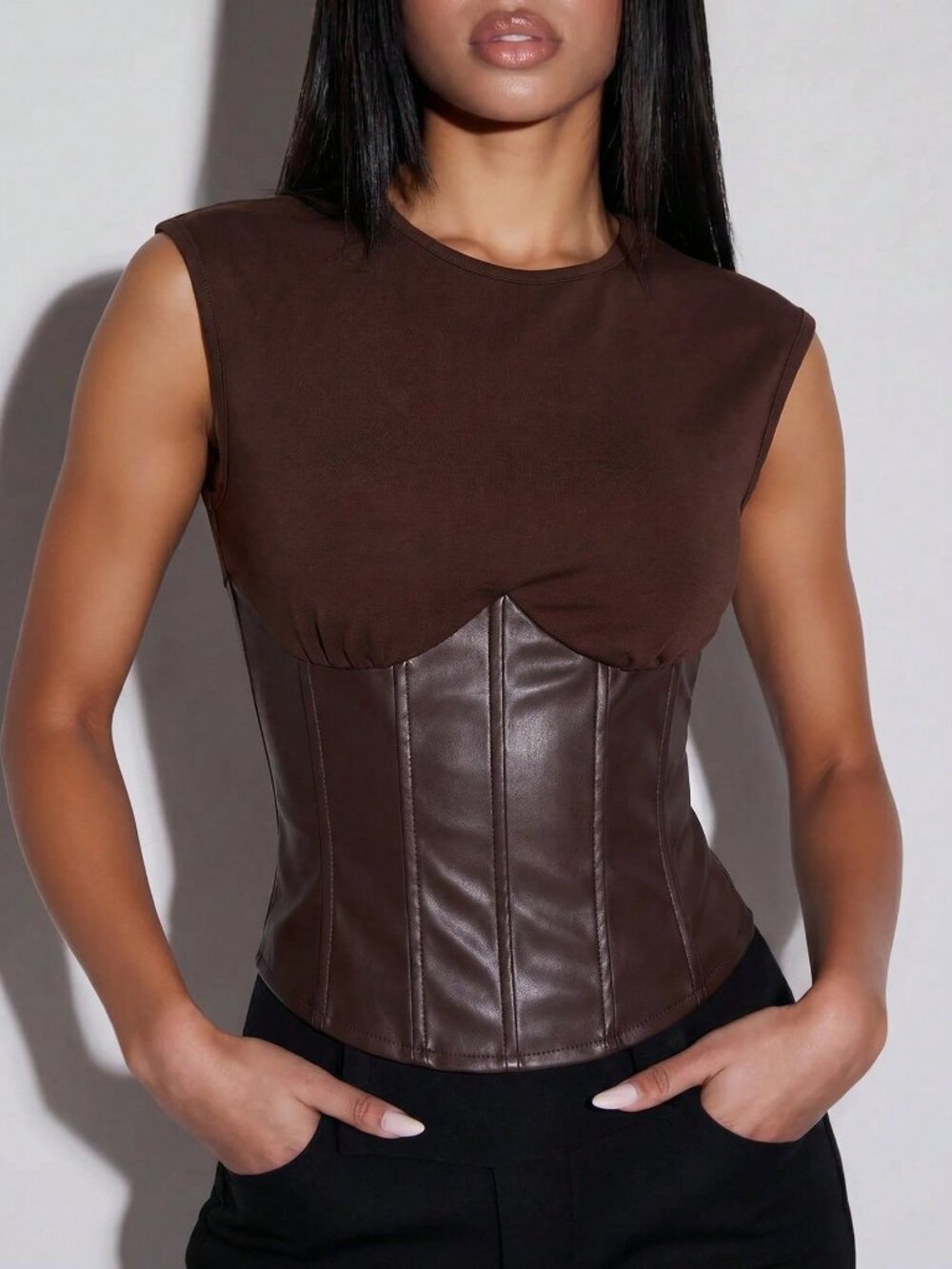 Brown Casual Women's Streetwear Sexy Patchwork Top